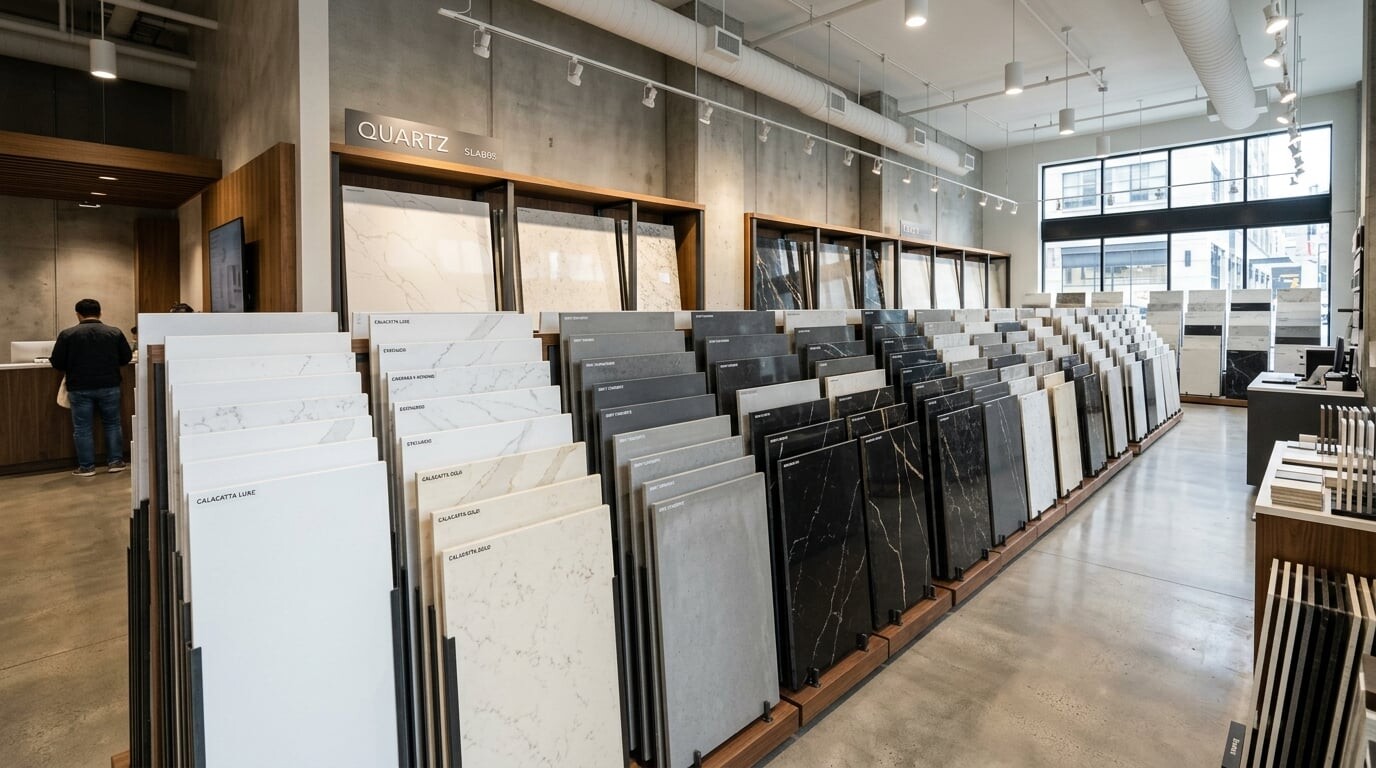 Showroom display of quartz slabs in various colors from whites to dark veined patterns