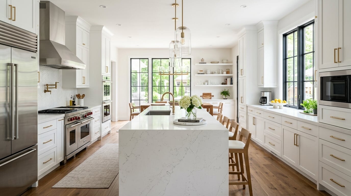 Modern luxury kitchen with white quartz island countertop and pendant lighting