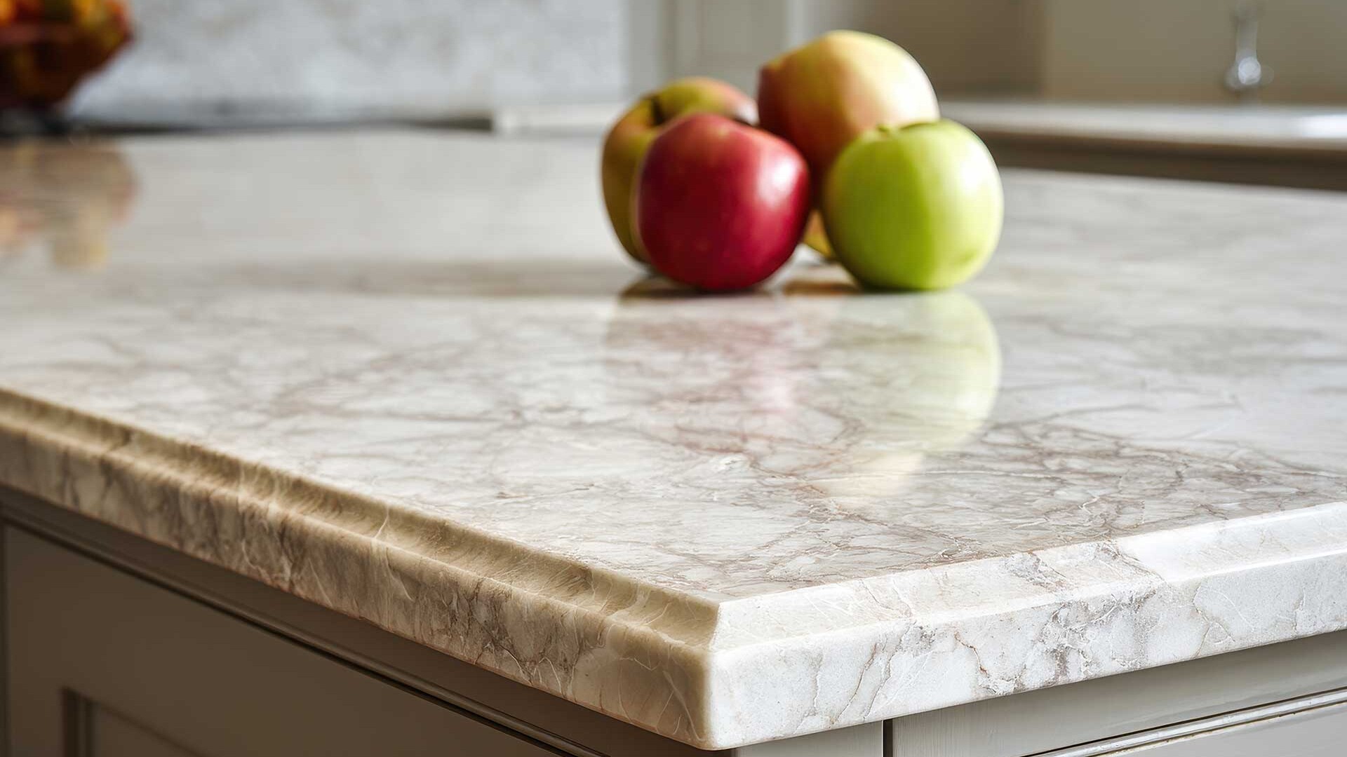 Close-up detail of polished quartz countertop edge showing premium craftsmanship