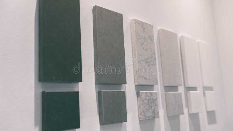 Quartz countertop sample chips showcasing variety of colors and finishes
